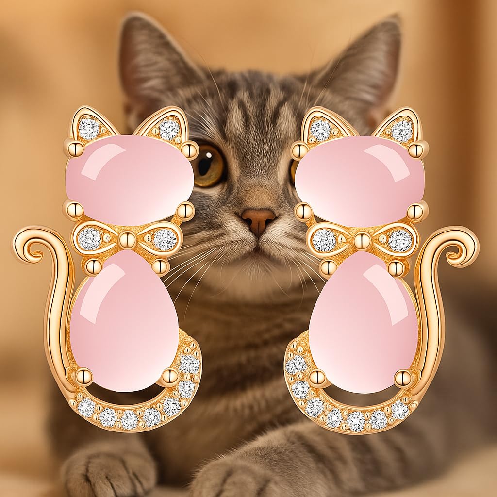 Rose Gold Cat Stud Earrings, Dog Paw Earrings, Pink Glass Crystal, Rhinestone Accents, 0.63 x 0.35 inches - Cat Earrings Gift