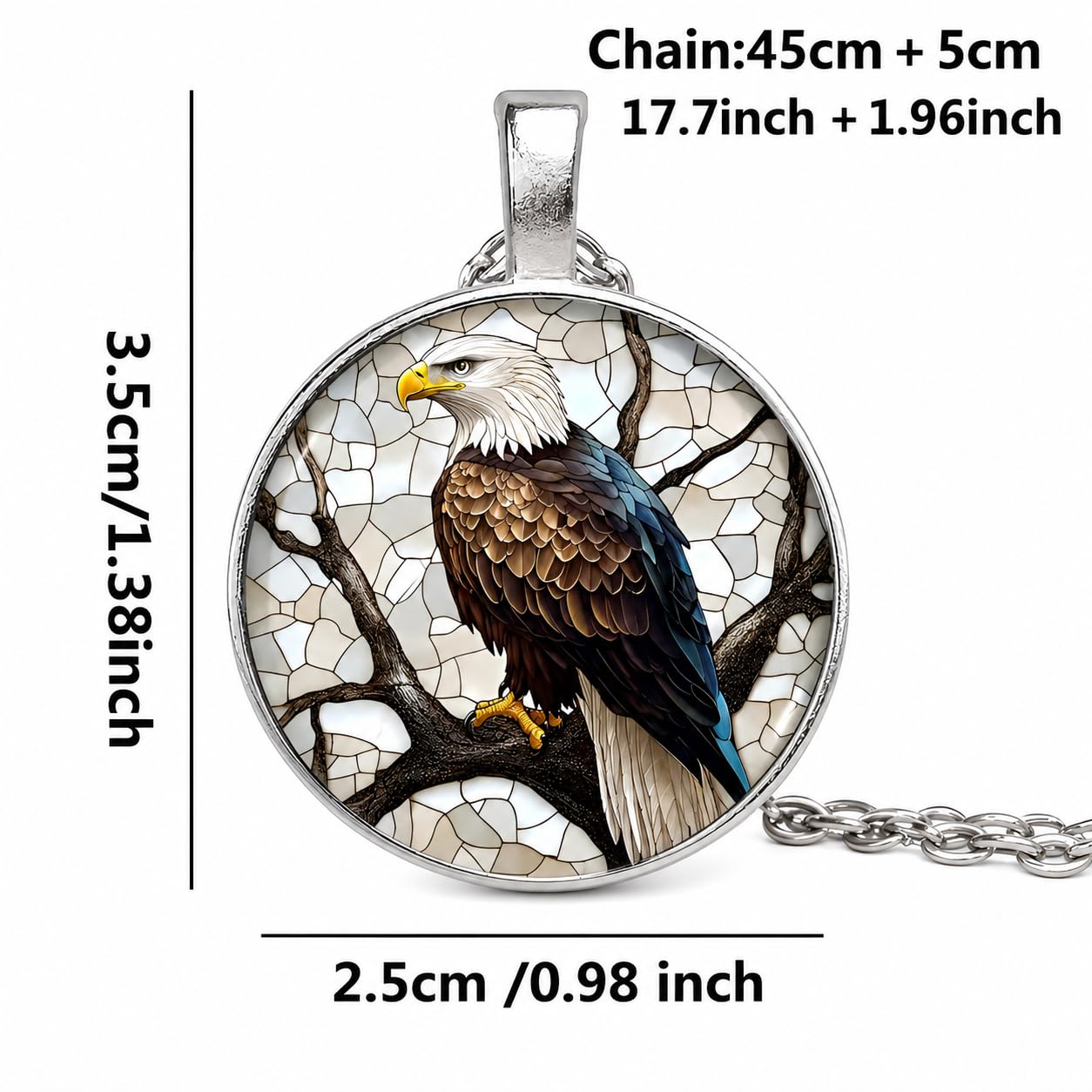 SUPAC Bald Eagle Glass Pendant Necklace, 1.38 inch Oval Medallion, 17.7 inch Chain - Eagle Necklace Gift