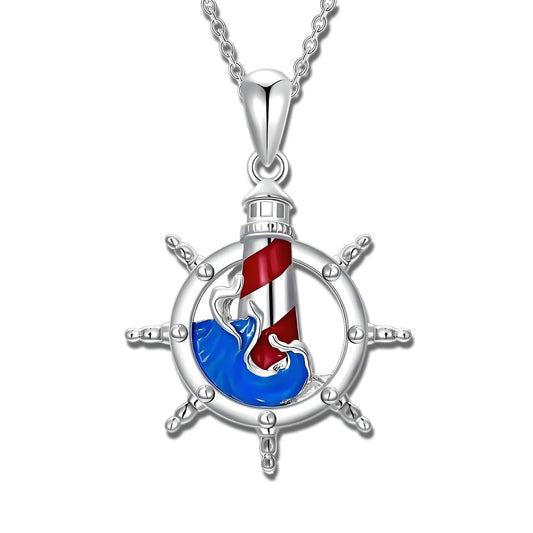 SUPAC A Nautical Life, Lighthouse and Ship Wheel Pendant Necklace, Gift for Birthday, Christmas, or Anniversaries