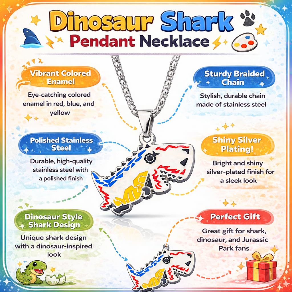 SUPAC Stainless Steel Plated T-Rex Dinosaur Pendant Necklace for Men or Women - Christmas or Birthday Gift