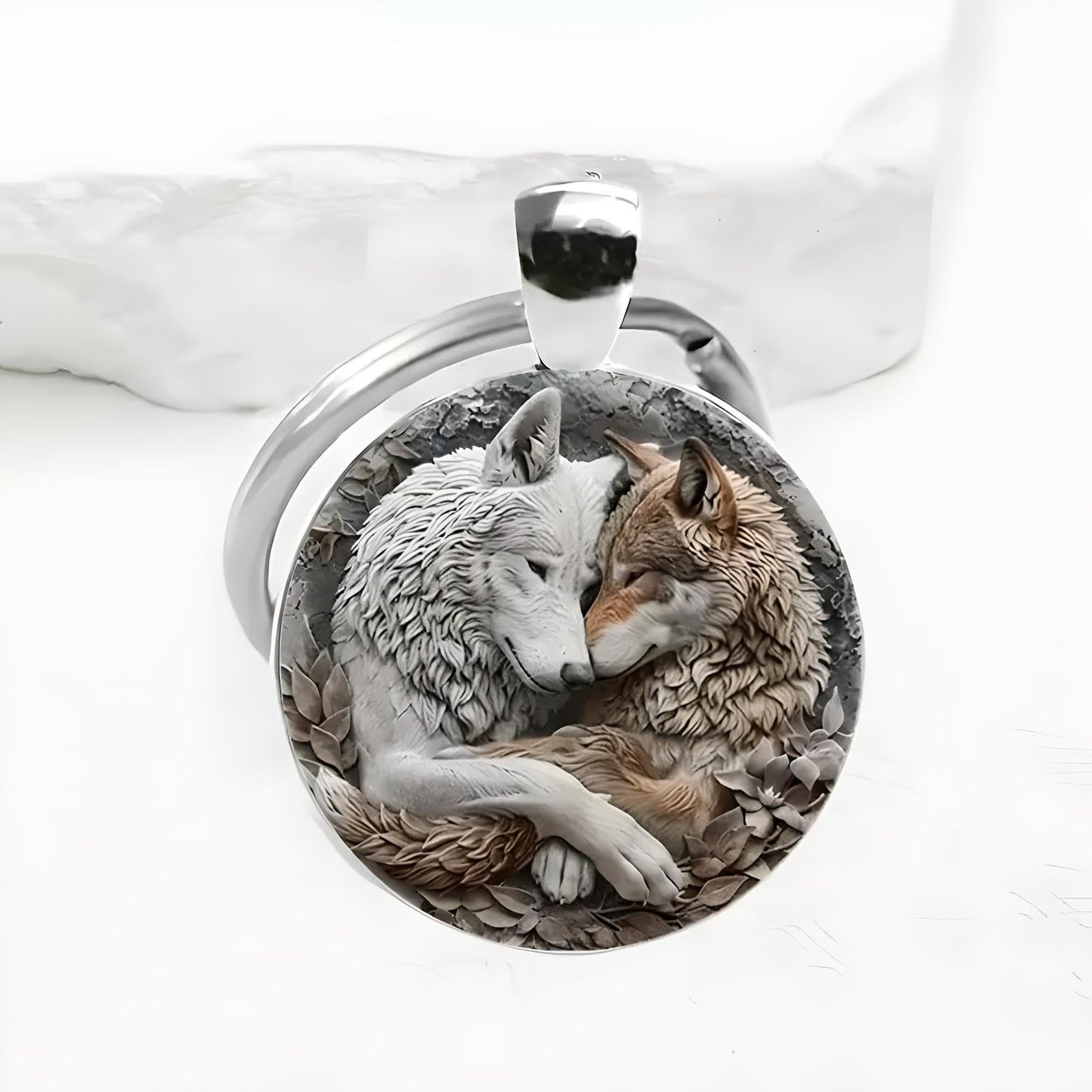 Mountain Sunset Stained Glass Art Keychain, Nature Scene Design, Round Pendant (Wolf Hug)