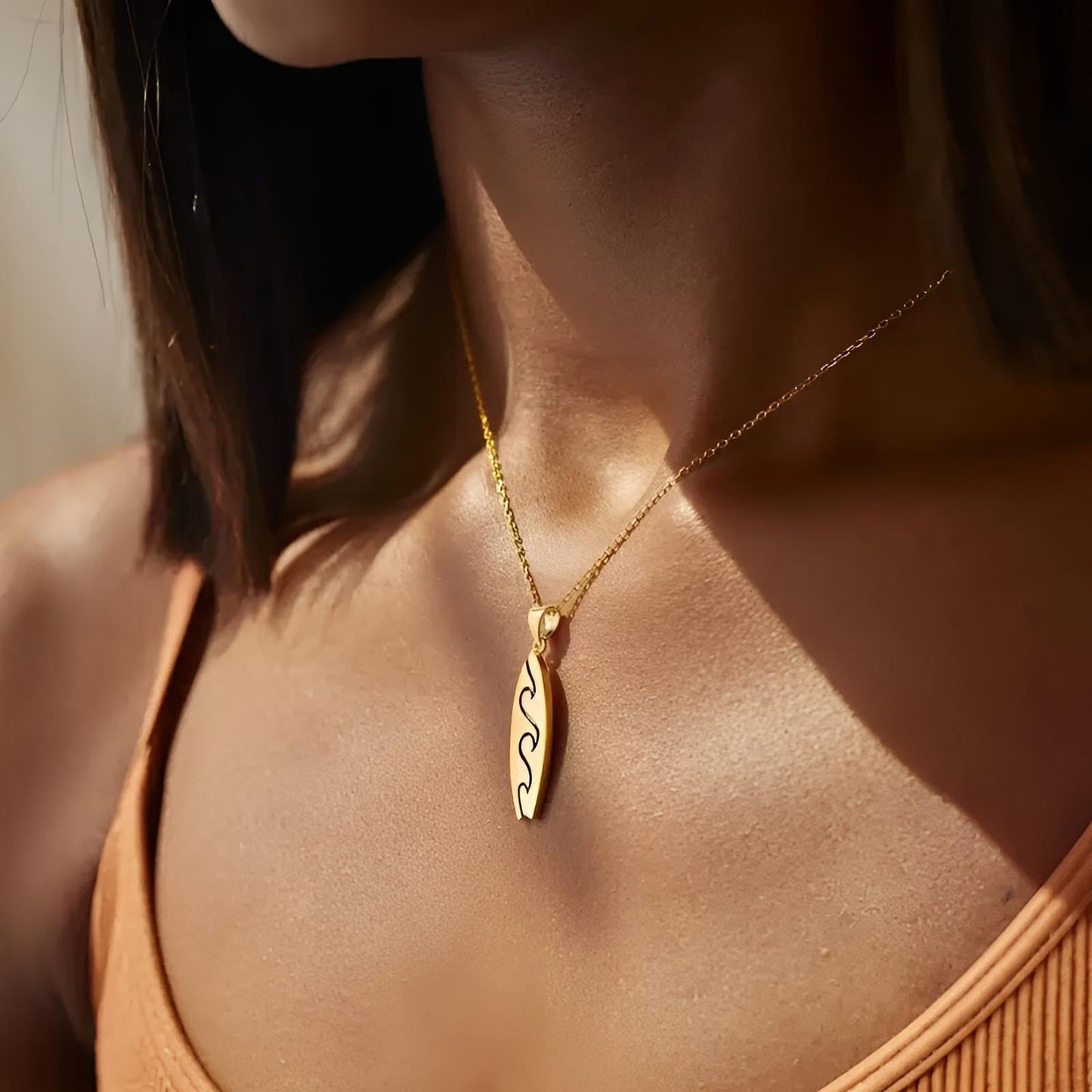 SUPAC Gold Surfboard Wave Pendant Necklace, 16.5 inch Chain with 2 inch Extension, Wave Design