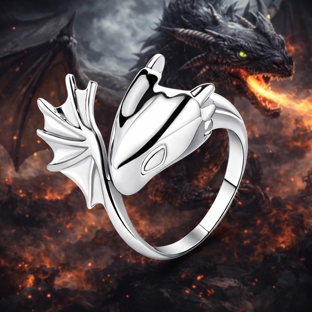 SUPAC Whimsical Silver Flying Dragon Ring - Unique Animal Shape Design, Adjustable Index Finger Ring for Men or Women, Cute Personality Statement Jewelry, Niche Fashion Accessory