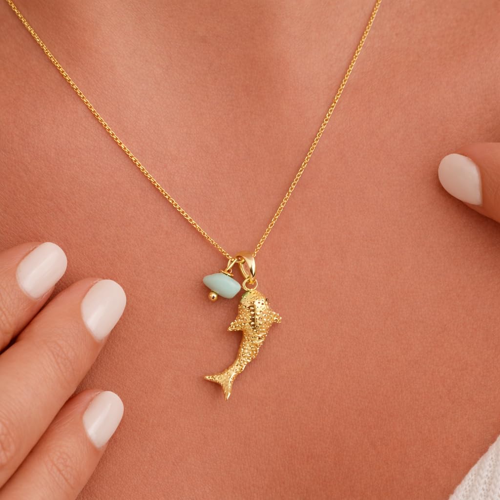 SUPAC Whale Shark Necklace with Sea Glass Accent, Gold and Silver Chain - 5 Color Options