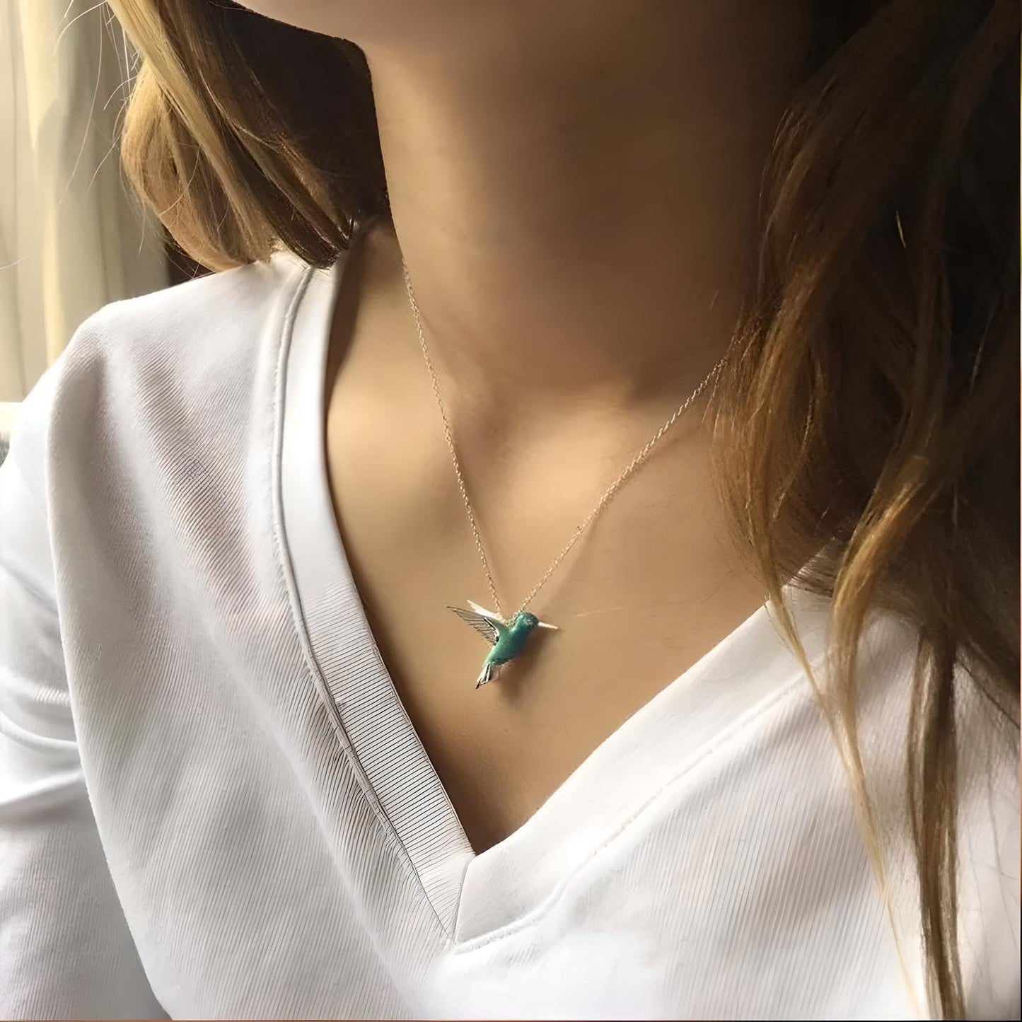 Hummingbird Pendant Necklace, Sterling Silver Chain, Turquoise Blue Enamel