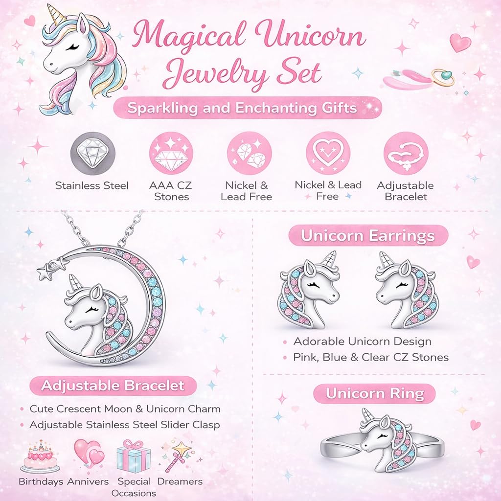 SUPAC Unicorn Crystal Jewelry Set, Moon Necklace, Earrings, Ring and Bracelet, Silver - Unicorn Jewerly Gift