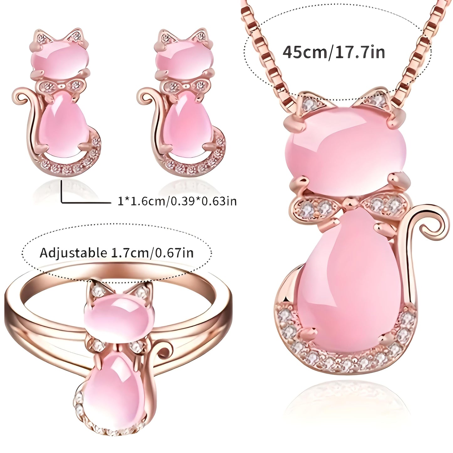 SUPAC Pink Cat Jewelry Set, Rose Gold Plated Crystal Necklace Earrings Ring, Gift for Cat Enthusiasts