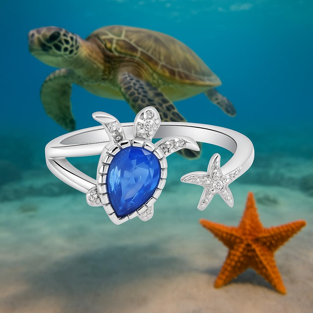 SUPAC Stainless Steel Blue Crystal Turtle Ring, Adjustable Size - Turtle Lovers' Gift