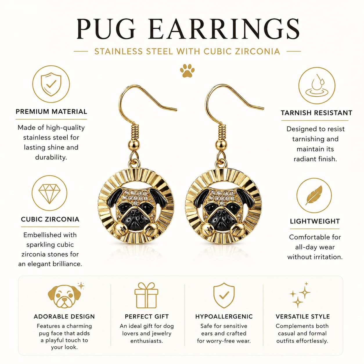 Pug Dangle Earrings, Gold-Tone Round Drop Earrings with Crystal Accents, Dog Lover Jewelry - Stainless Steel with Cubic Zirconia