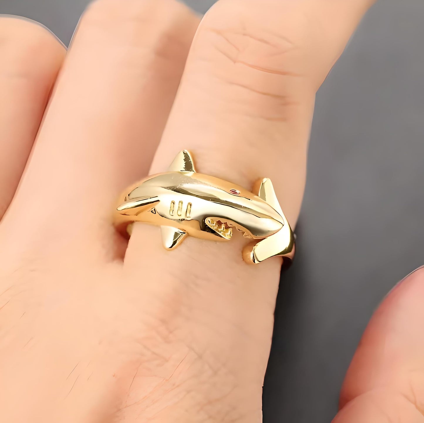Sterling Silver Great White and Hammerhead Shark Adjustable Ring with Black Cubic Zirconia Accents