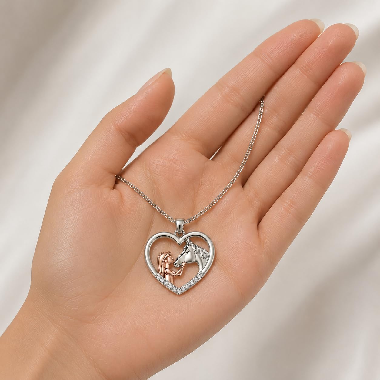 SUPAC Heart-Shaped Horse Jewelry Set, Silver and Rose Gold, Necklace and Earrings with Crystal Accents, 18+2 inch Chain