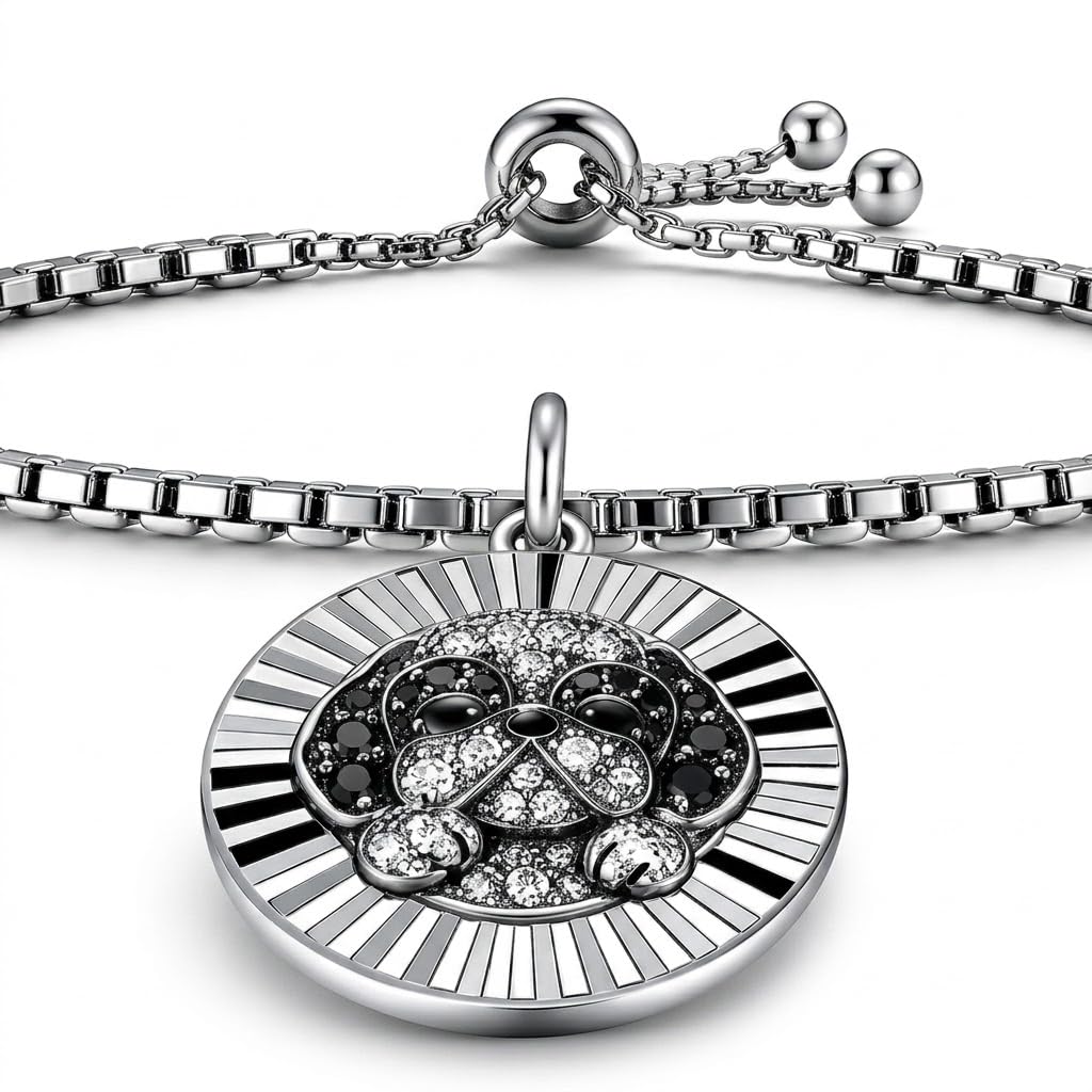 SUPAC Shih Tzu Charm Bracelet, Stainless Steel with Silver Plating, Adjustable Box Chain, Round Dog Pendant with Black & Clear Stones
