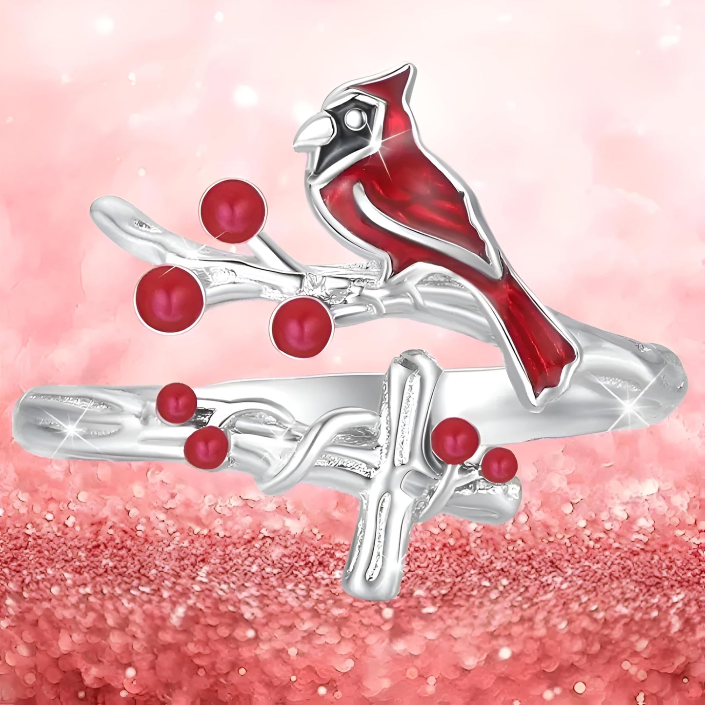SUPAC Red Cardinal Cross Ring, Silver-Plated 'I Am Always with You' Inspirational Message, Adjustable - Christmas, Party, or Birthday Gift