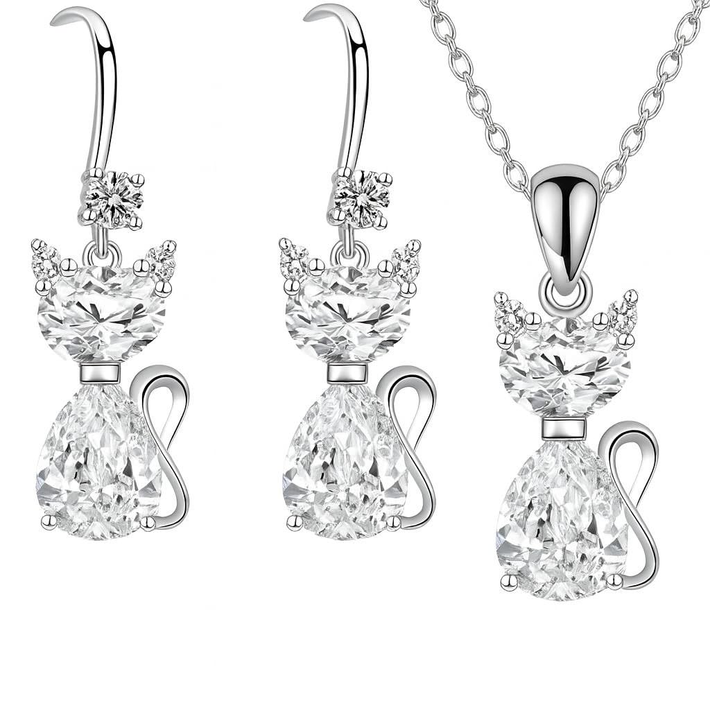 SUPAC Pink and Purple Cat Jewelry Set, Rose Gold Plated Crystal Necklace Earrings Ring, Gift for Cat Enthusiasts 6 Color Variations