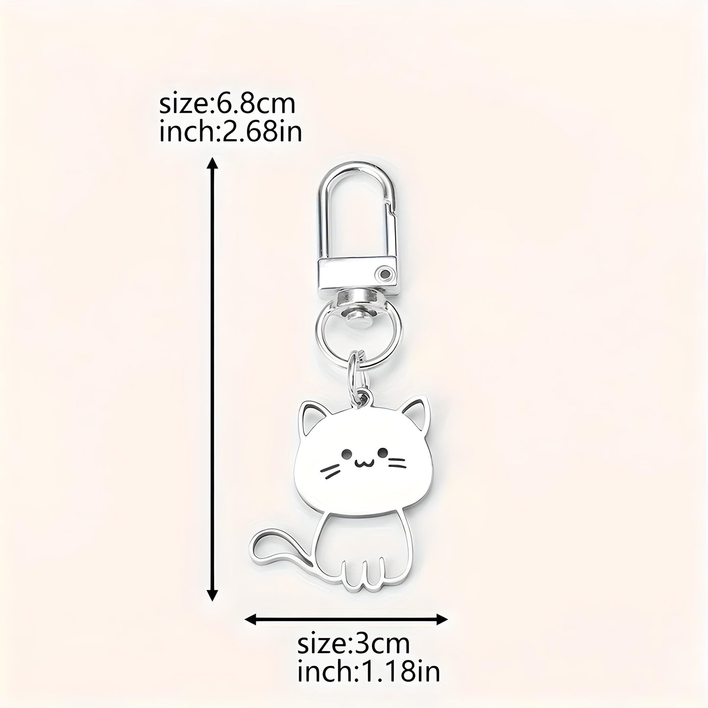 SUPAC Cute Cat Keychain with Carabiner Clip, White Metal, 2.68 x 1.18 inches