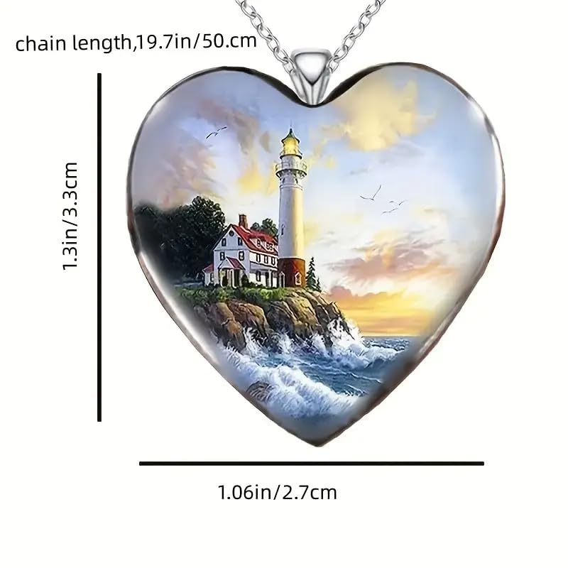 Vibrant Landscape Lighthouse Heart Pendant Necklace, Stainless Steel Chain - Christmas, Holiday, or Birthday Gift