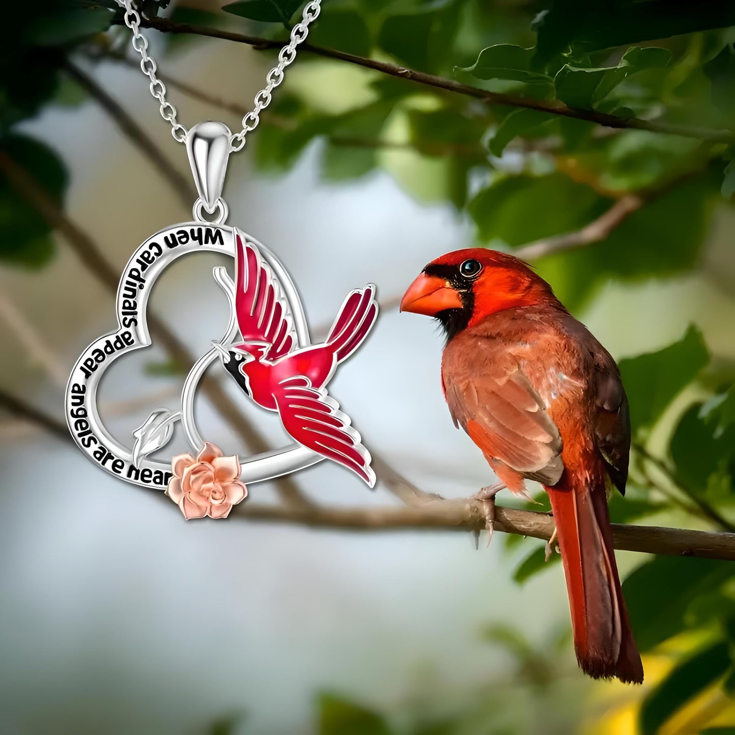 Cardinal Heart Necklace with Rose Pendant, Sterling Silver Chain, 17.6 inches - Cardinal Jewelry Gift