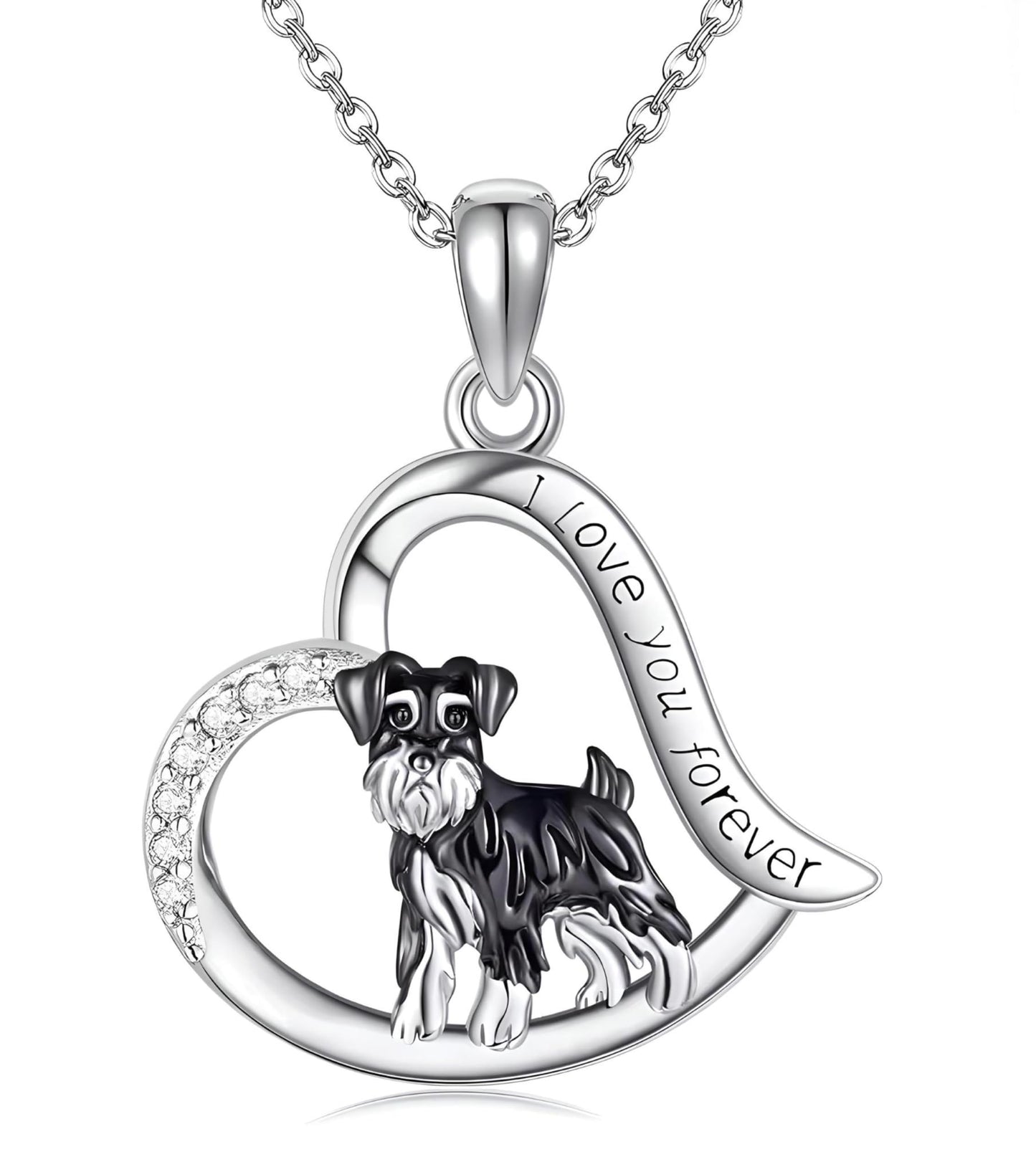 Schnauzer Dog Heart Pendant Necklace, Stainless Steel, Crystal Accent, I Love You Forever, 19.7 inch Chain