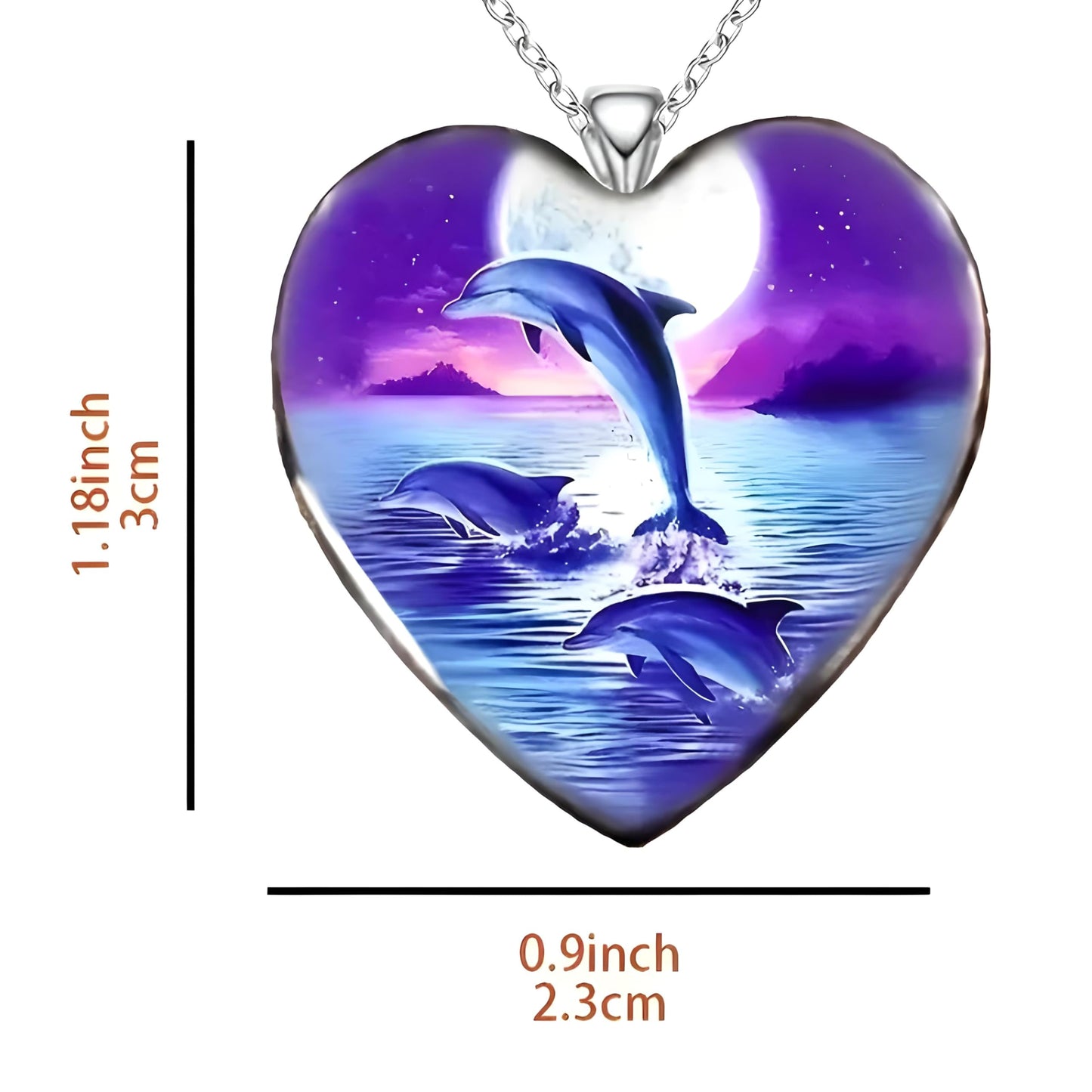 SUPAC Dolphins Jumping in the Ocean Heart Pendant Necklace, Ocean Scene with Stainless Steel Necklace - Holiday, Christmas, or Birthday Gift