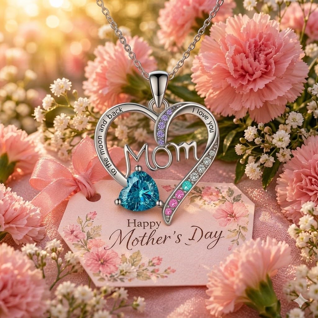 SUPAC Heart Mom Necklace, Sterling Silver Crystal Pendant with Pink Heart Stone, I Love You to the Moon and Back - Mother's Day Gift