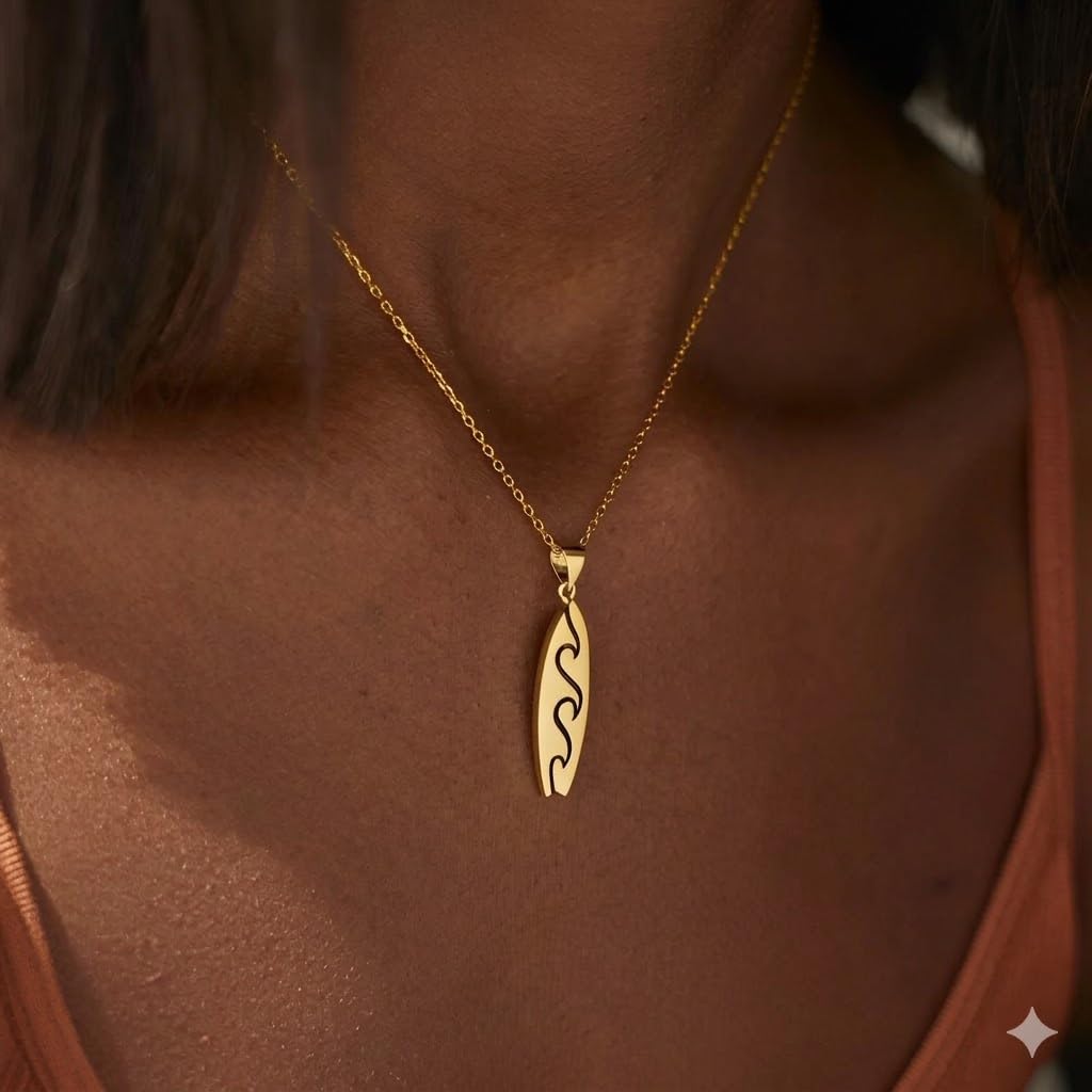 SUPAC Gold Surfboard Wave Pendant Necklace, 16.5 inch Chain with 2 inch Extension, Wave Design