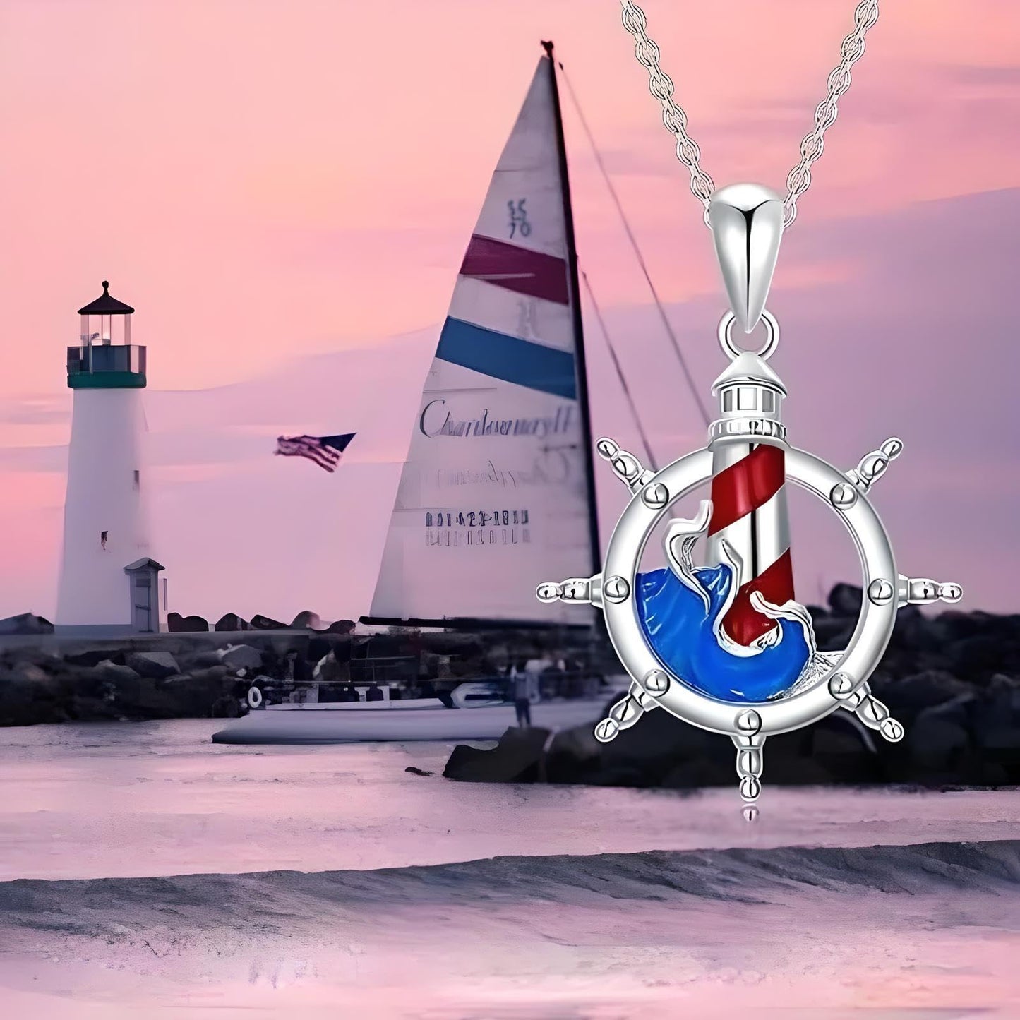 SUPAC A Nautical Life, Lighthouse and Ship Wheel Pendant Necklace, Gift for Birthday, Christmas, or Anniversaries