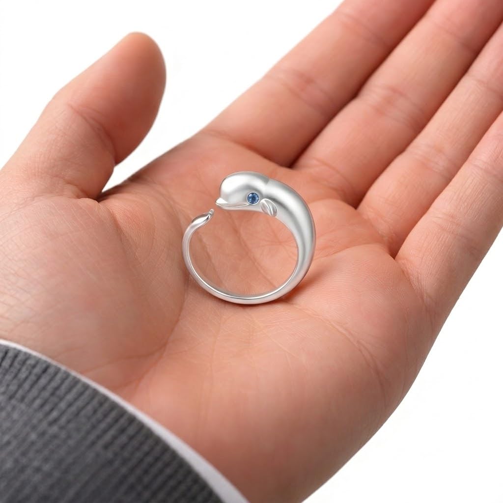 SUPAC Stainless Steel Beluga Whale Ring with Blue Crystal Eye, Ocean Theme Marine Life Jewelry - Beluga Gift