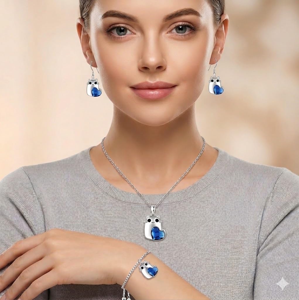 SUPAC Cute Cat Blue Crystal Heart Jewelry Set, Stainless Steel Necklace, Earrings and Bracelet, Hypoallergenic