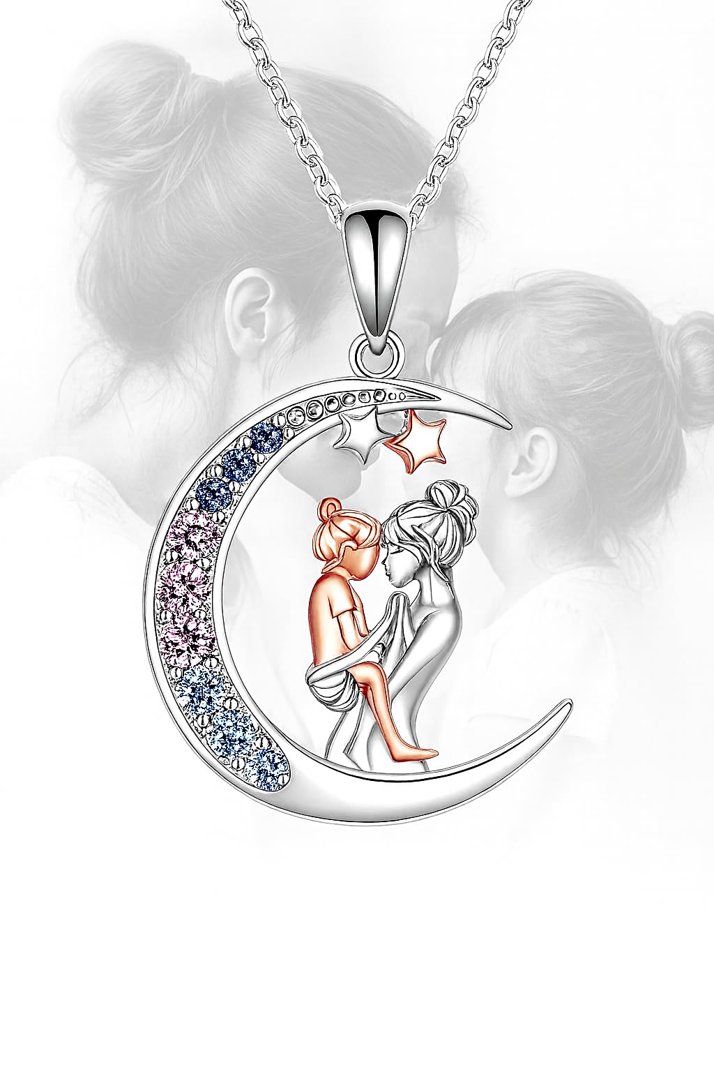 SUPAC Heart-Shaped Mother's Day Necklace, Family + Mother Necklace Options with Crystal Accents, Mother and Daughter Pendant Gift, Silver and Gold-Tone, 'I Love You Always & Forever' Message (Moon)