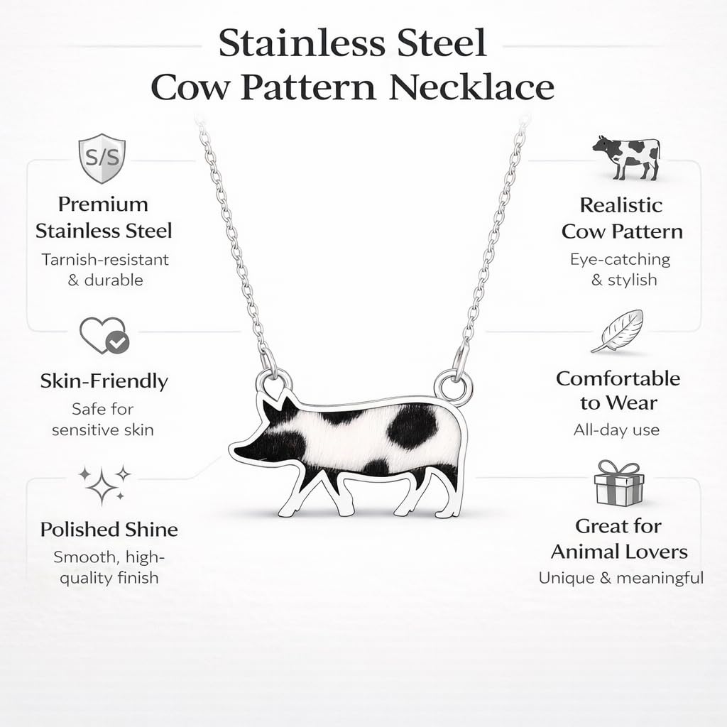 SUPAC Western Farm Animal Pendant Necklace, Cow, Horse, Goat, and Pig Hide - Silver Chain, 15.35 inch + 1.97 inch Extension