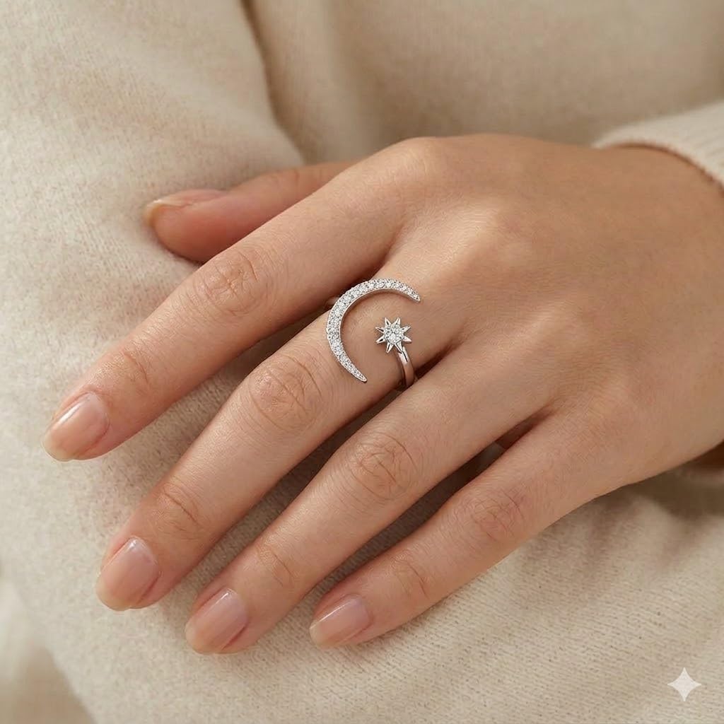 SUPAC 1pc Chic Moon & Sun Cuff Ring - Shimmering Rhinestone Crescent Design - Delicate Daily Wear & Party Accessory for Fashion-Forward Style - Christmas, Birthday Gift
