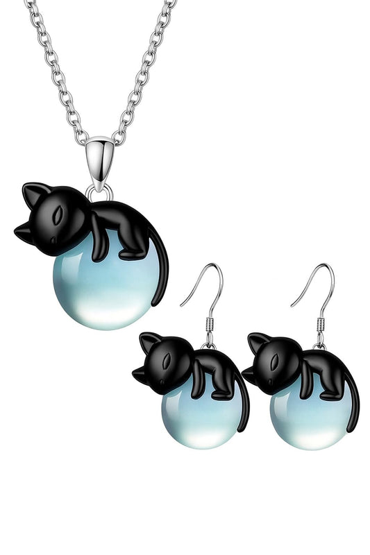 SUPAC Black Cat Jewelry Set – Glowing Blue Orb Necklace and Matching Earrings – Gift for Cat Lovers