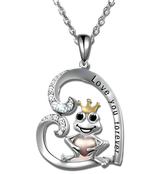 SUPAC Frog Prince Charming Pendant Necklace, Alloy with Plated White K, Resin Gem, Love You Forever Inscription, Animal-Themed Jewelry