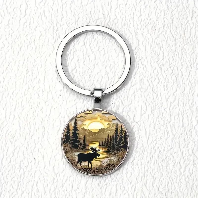 Mountain Sunset Stained Glass Art Keychain, Nature Scene Design, Round Pendant (Moose and Sunrise)