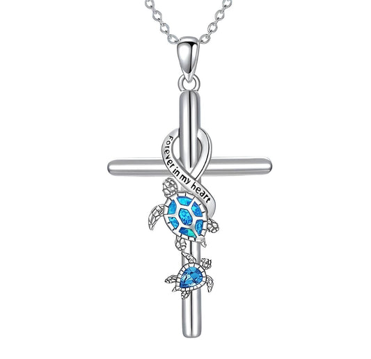 Torquise Sea Turtles Cross Pendant Necklace, Gift for Special Occasions, Stainless Silver- "Forever in my heart"