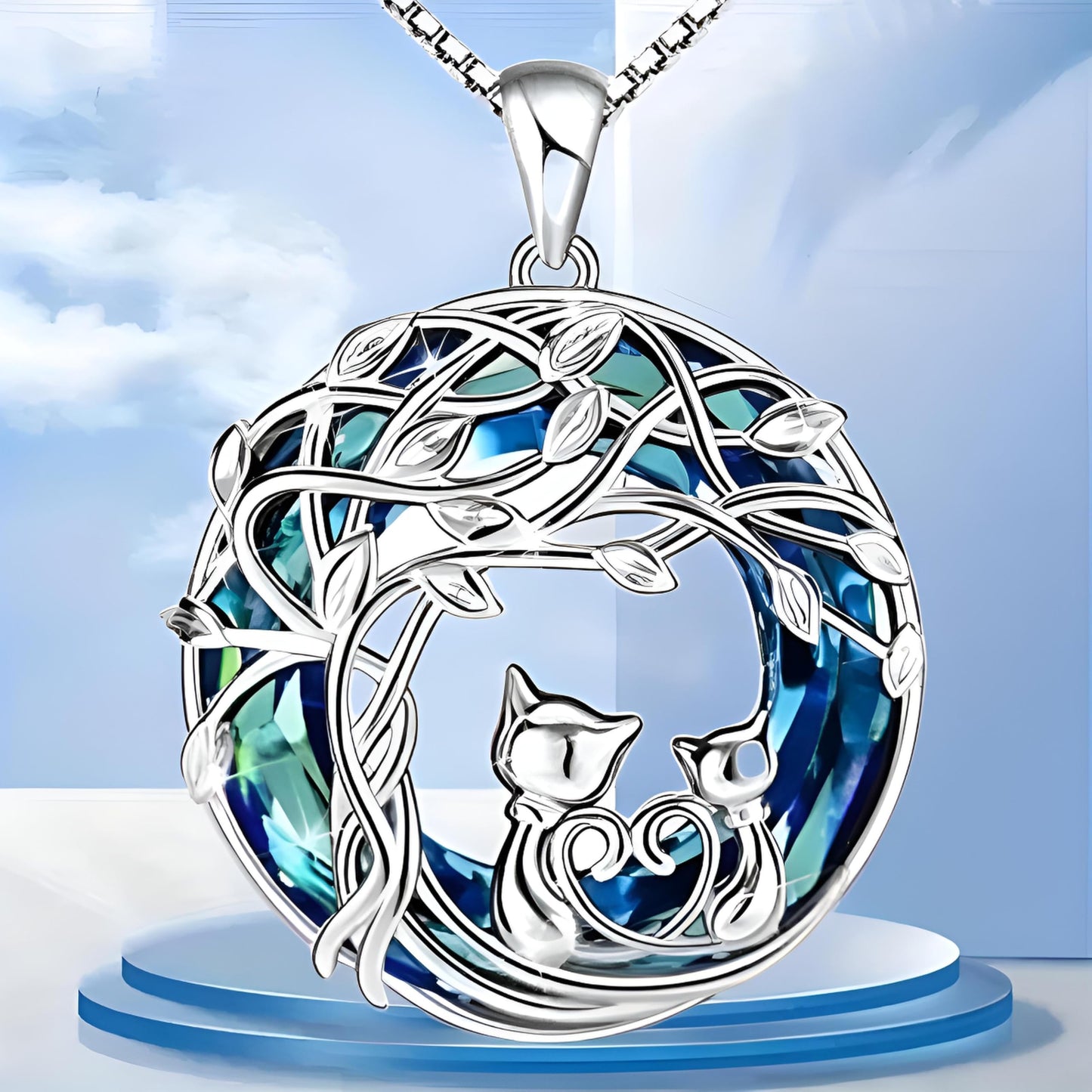 SUPAC Celtic Tree of Life Cat Pendant Necklace, Blue Crystal, 1.21 x 0.94 inches - Cat Lovers' Gift, Jewelry for Women
