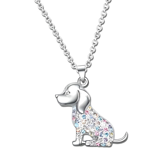Sparkling Dog Pendant Necklace, Silver Chain, Multicolor Rhinestone Design - Birthday or Party Gift
