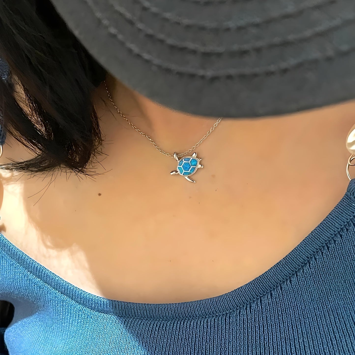 Blue Opal Sea Turtle Pendant Necklace, Sterling Silver Chain 17.7", Crystal Inlay