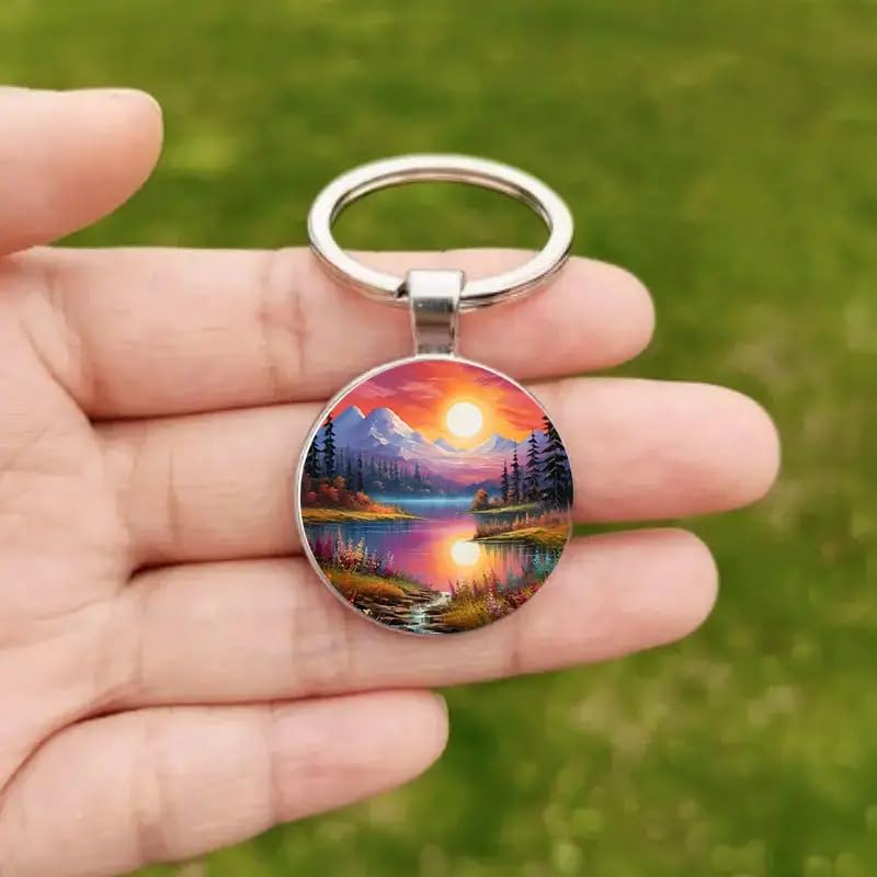 Mountain Sunset Stained Glass Art Keychain, Nature Scene Design, Round Pendant (Sunset Forest)