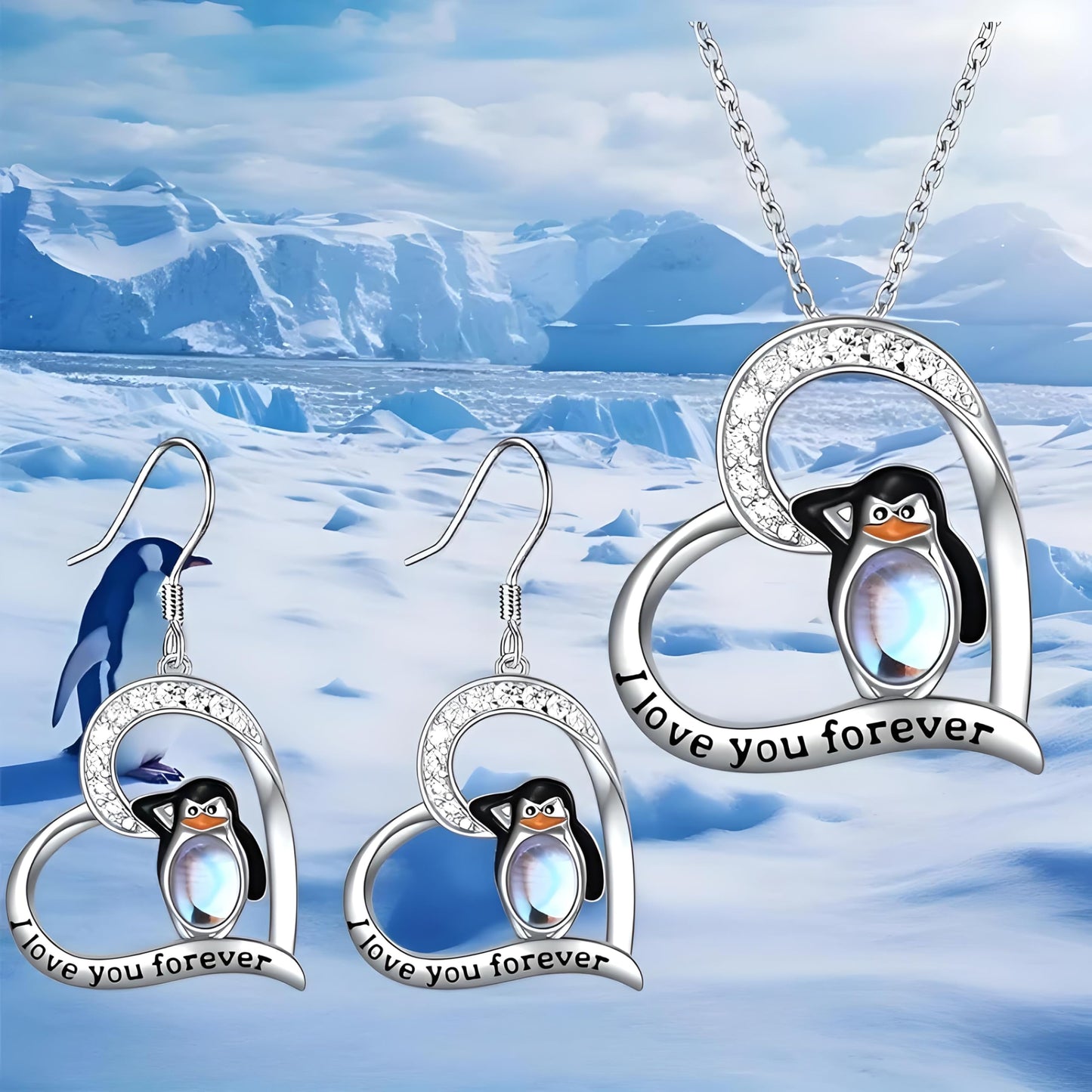 SUPAC Sterling Silver Penguin Pendant Necklace with Opal Stone and CZ Accents, 'Love You Forever' Engraved - Happy Feet Penguin