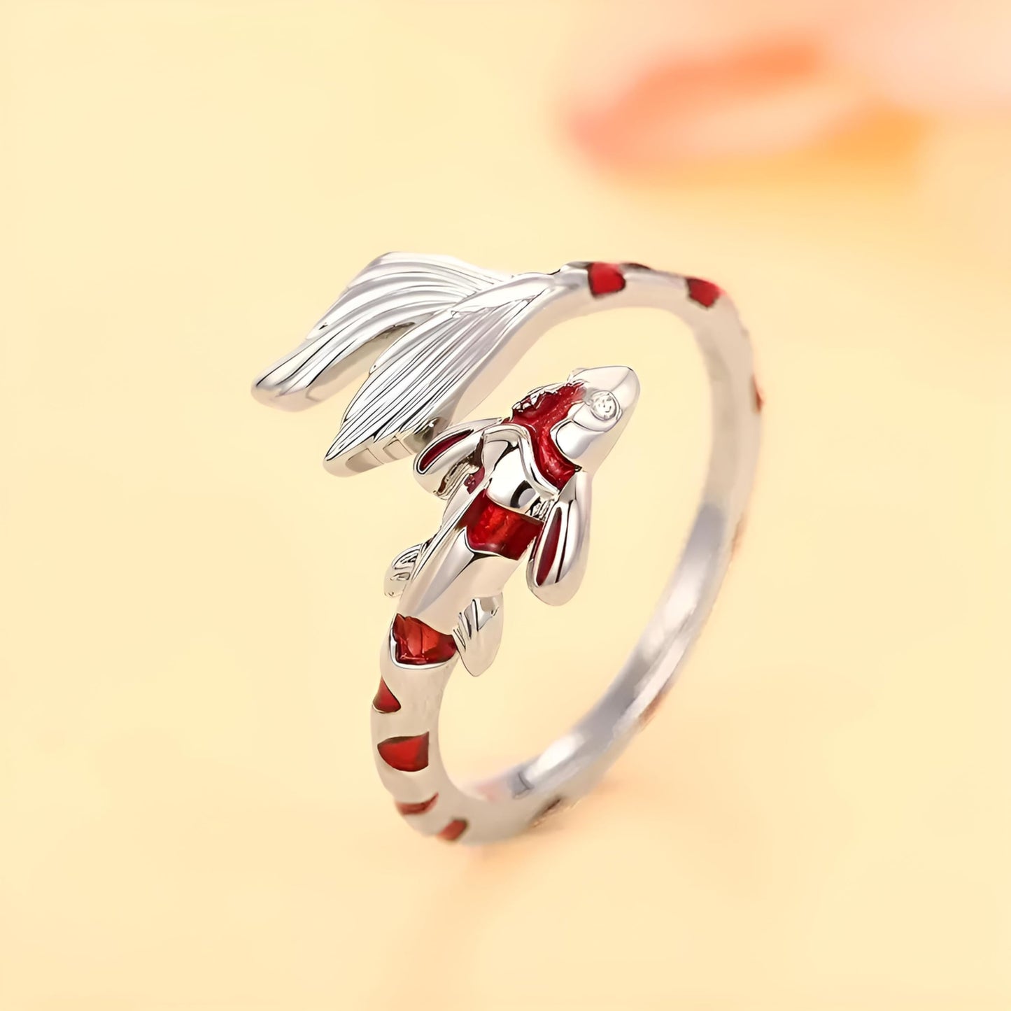 Stainless Steel Koi Fish Ring and Earrings Set with Red Enamel, Japanese Style - Koi Fish Jewelry Gift
