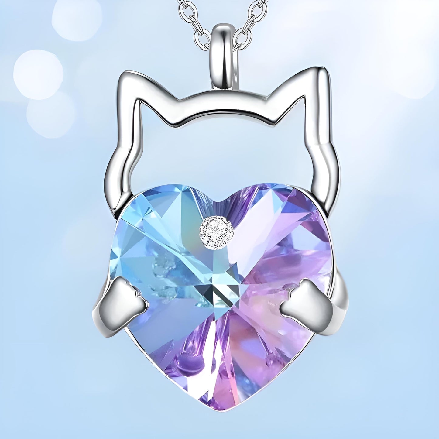 Crystal Cat Pendant Necklace, Silver Chain with Sleeping Cat Design, 17.7 inch Length