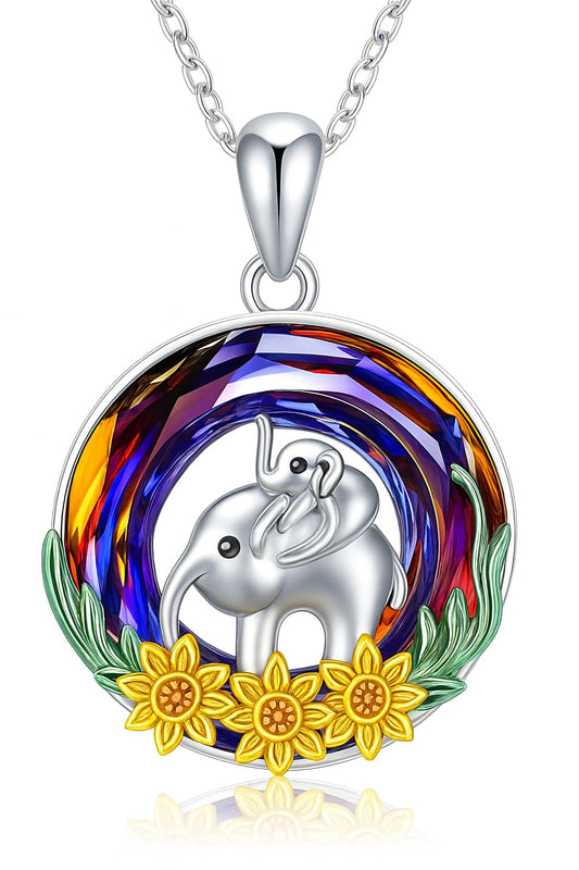 Stainless Steel Animal Pendant Necklace Set, Elephant with Sunflower, Hummingbird, Cat Design, Multi-Color Crystal (Elephant)