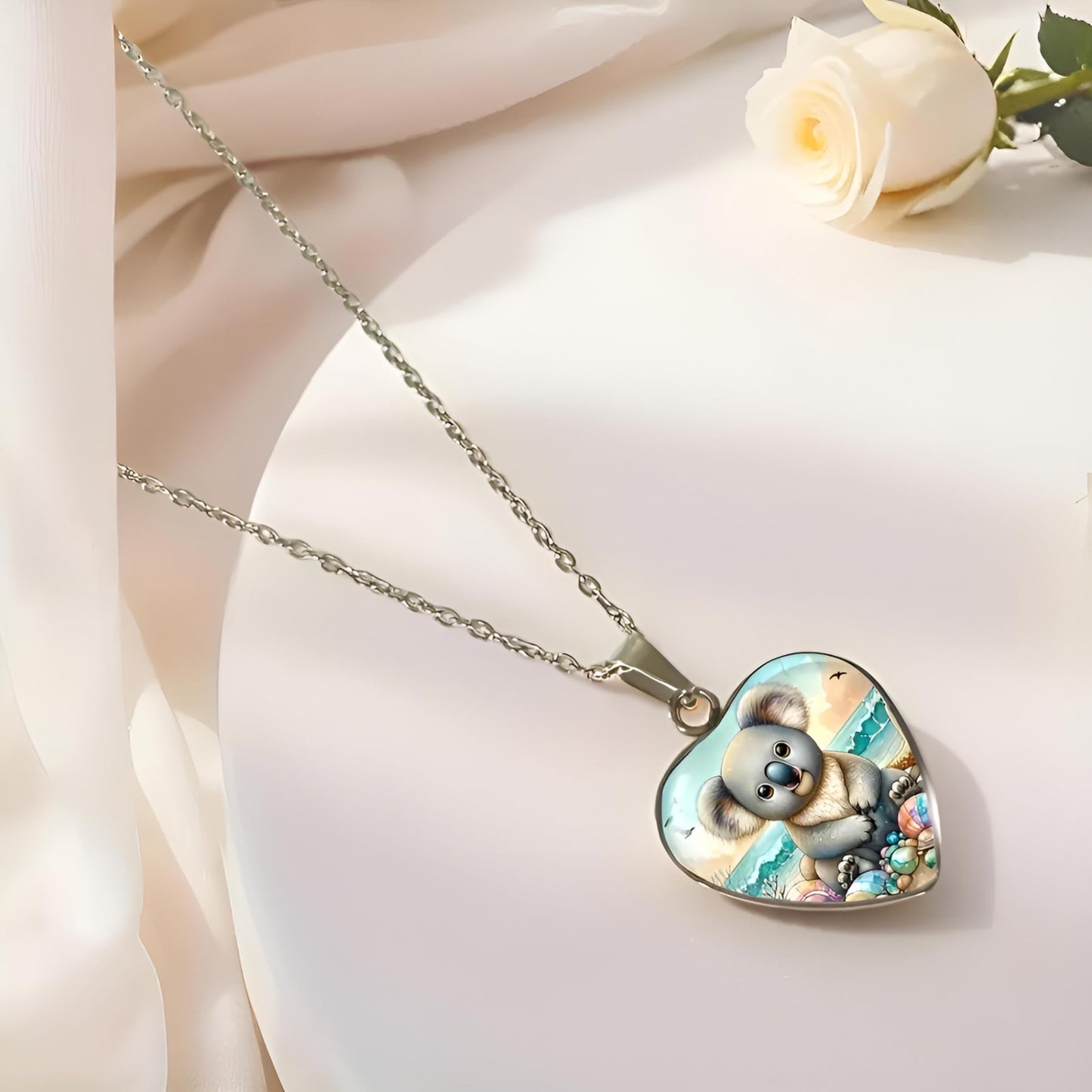 SUPAC Heart-Shaped Koala Beach Scene Pendant Necklace, Silver Chain, 0.79 inch Width