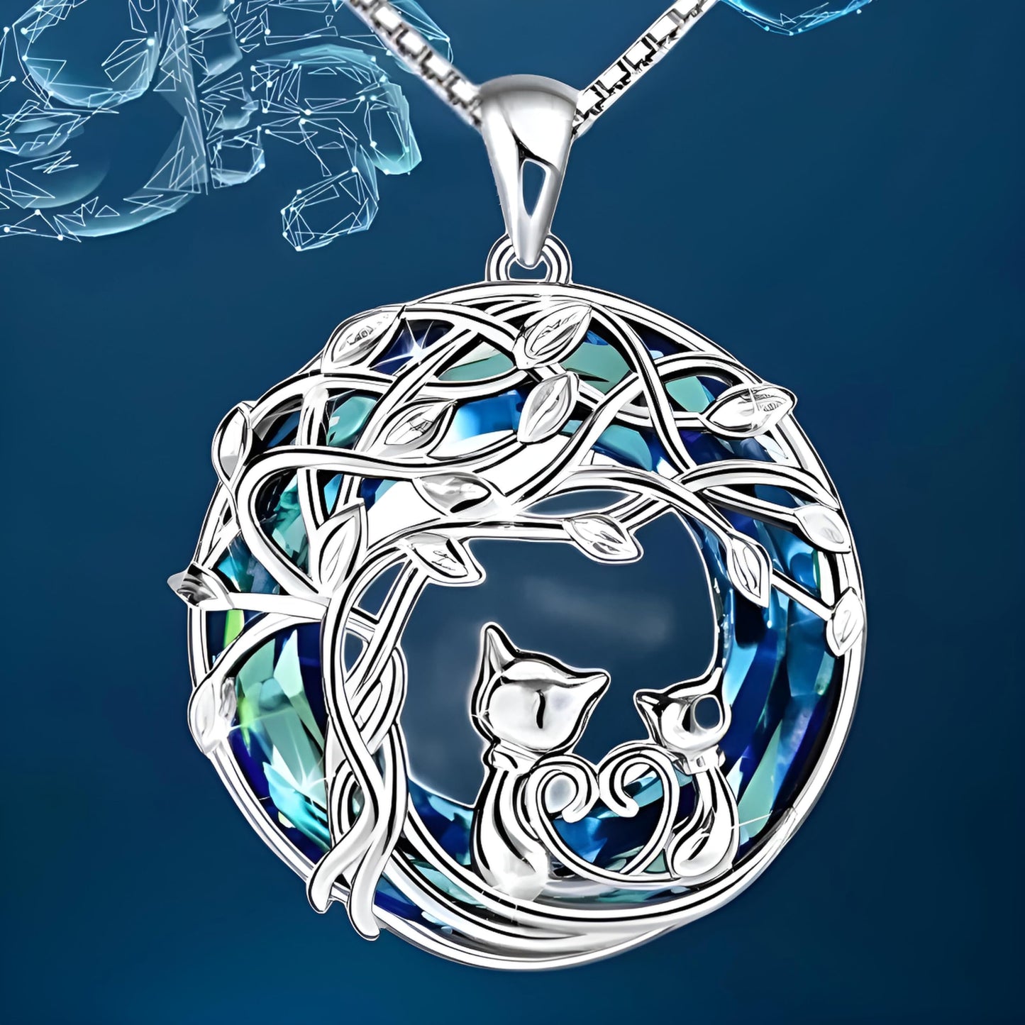 SUPAC Celtic Tree of Life Cat Pendant Necklace, Blue Crystal, 1.21 x 0.94 inches - Cat Lovers' Gift, Jewelry for Women