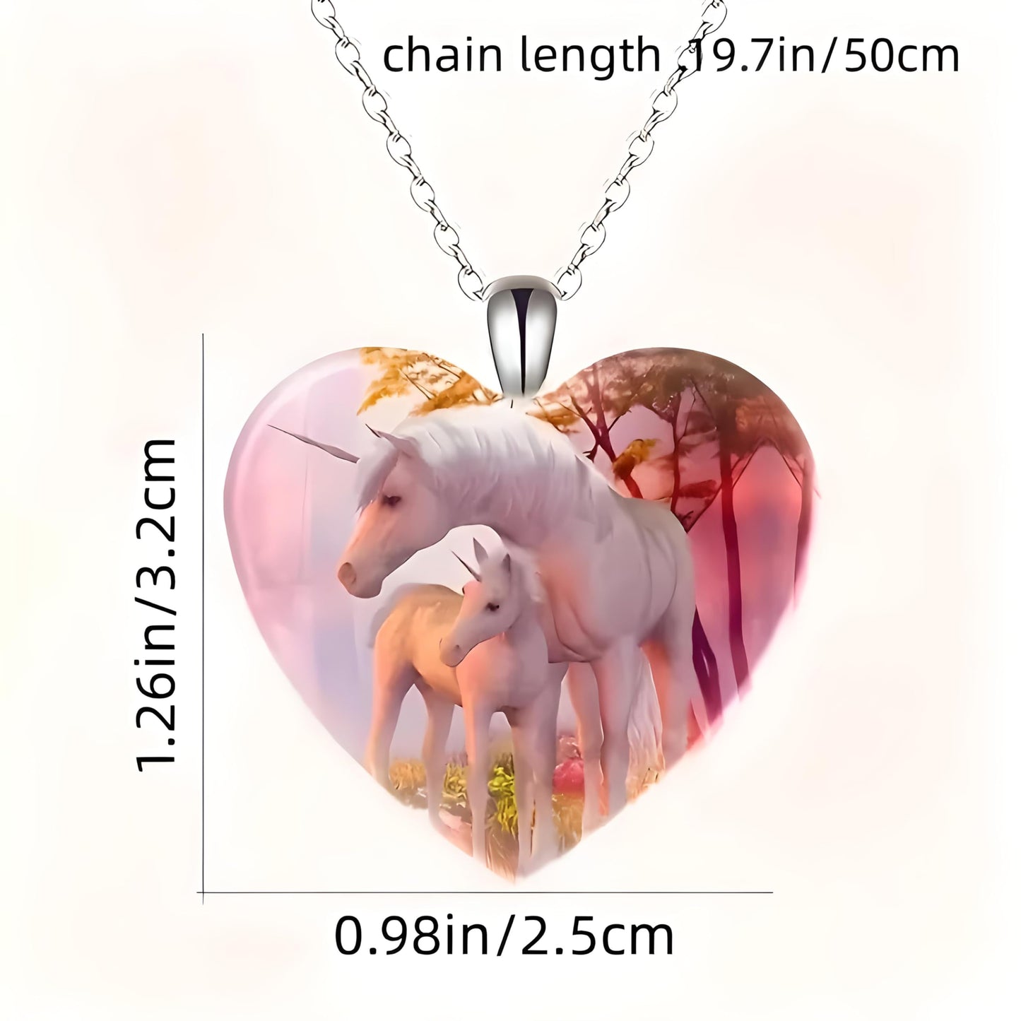 Heart-Shaped Pendant Necklace with Different Animals - Panda, Horse, Deer, Cat, Elephant, Dog Scenic Views, Stainless Steel Necklace with Glass Pendant - Christmas, Holiday, or Birthday Gift (Unicorns)