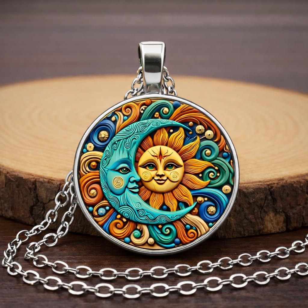 1pc Stunning Round Pendant Necklace - Unique Sun & Moon Pattern, Oil Painting Style Glass Mosaic, Alloy Construction, Trendy Sweater Chain, Fashionable Gift for Women - Christmas or Birthday Gift
