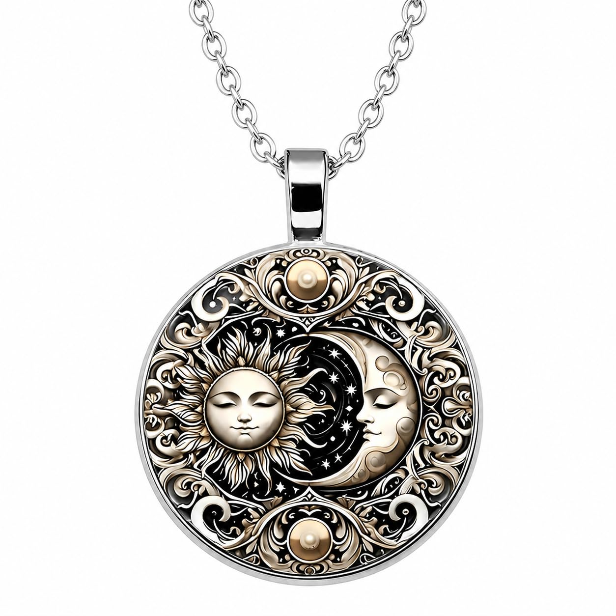 1pc Stunning Round Pendant Necklace - Unique Sun & Moon Pattern, Oil Painting Style Glass Mosaic, Alloy Construction, Trendy Sweater Chain, Fashionable Gift for Women - Christmas or Birthday Gift