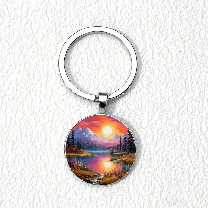 Mountain Sunset Stained Glass Art Keychain, Nature Scene Design, Round Pendant (Sunset Forest)