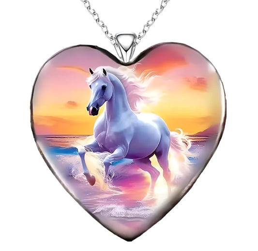 Sunset Beach Horse Running Through The Ocean Heart Pendant Necklace, Multicolor with Stainless Steel Chain - Christmas, Holiday, or Birthday Gift